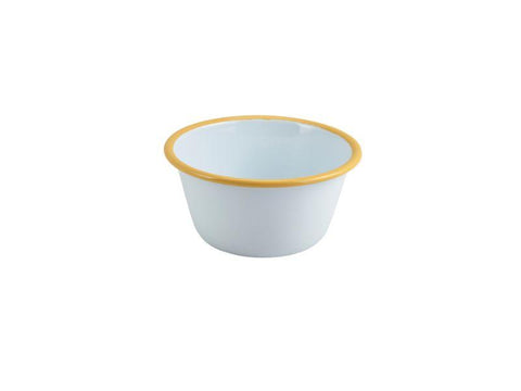 Enamel Round Deep Pie Dish White with Yellow Rim 12cm