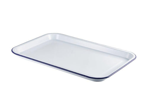 Enamel Serving Tray White with Blue Rim 33.5x23.5x2.2cm